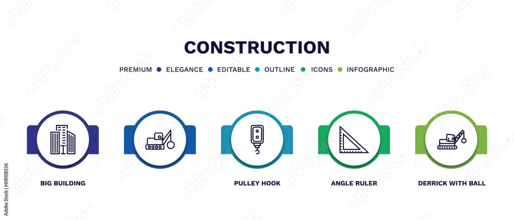 set of construction thin line icons. construction outline icons with infographic template. linear icons such as big building, , pulley hook, angle ruler, derrick with ball vector. set of construction thin line icons. construction outline icons with infographic template. linear icons such as big building, , pulley hook, angle ruler, derrick with ball vector.