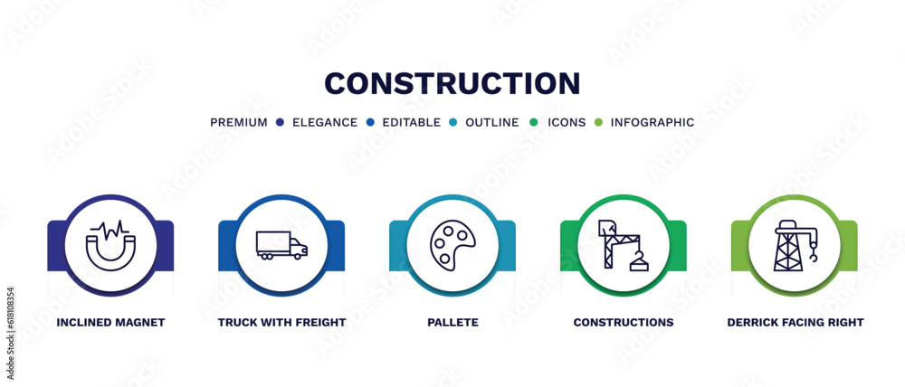 set of construction thin line icons. construction outline icons with infographic template. linear icons such as inclined magnet, truck with freight, pallete, constructions, derrick facing right set of construction thin line icons. construction outline icons with infographic template. linear icons such as inclined magnet, truck with freight, pallete, constructions, derrick facing right