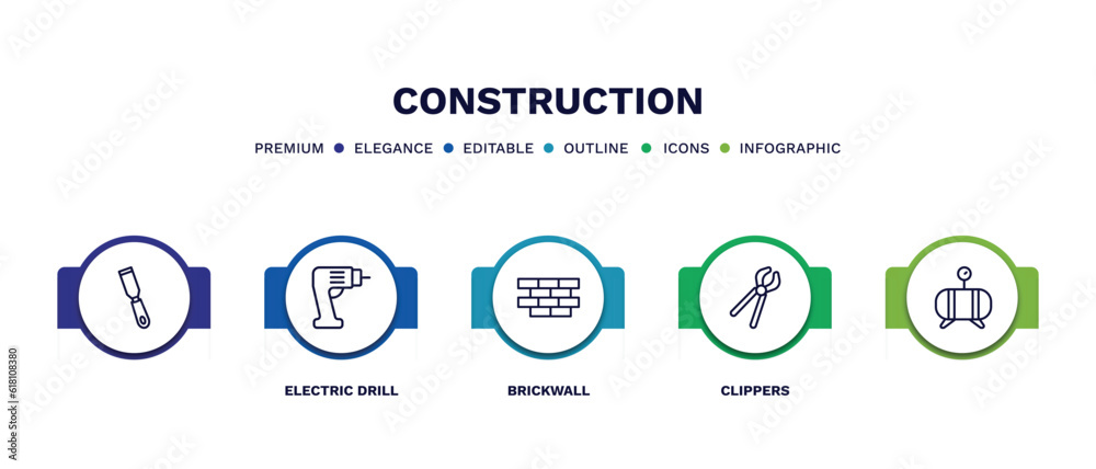 set of construction thin line icons. construction outline icons with infographic template. linear icons such as , electric drill, brickwall, clippers, set of construction thin line icons. construction outline icons with infographic template. linear icons such as , electric drill, brickwall, clippers,