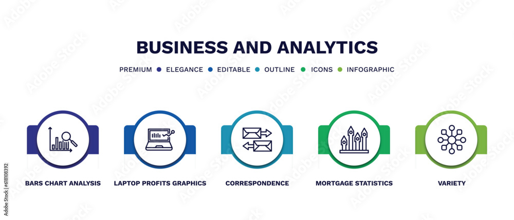 set of business and analytics thin line icons. business and analytics outline icons with infographic template. linear icons such as bars chart analysis, laptop profits graphics, correspondence,