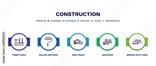 set of construction thin line icons. construction outline icons with infographic template. linear icons such as three tools, roller and paint, tank truck, backhoes, derrick with tong vector.