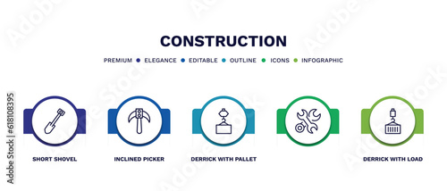 set of construction thin line icons. construction outline icons with infographic template. linear icons such as short shovel, inclined picker, derrick with pallet, , derrick with load vector.