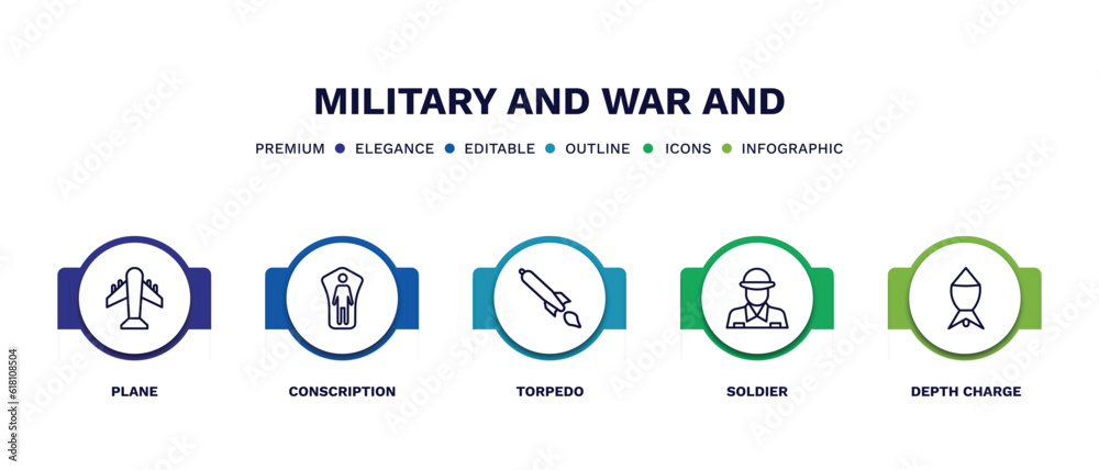 set of military and war and thin line icons. military and war outline icons with infographic template. linear icons such as plane, conscription, torpedo, soldier, depth charge vector. set of military and war and thin line icons. military and war outline icons with infographic template. linear icons such as plane, conscription, torpedo, soldier, depth charge vector.
