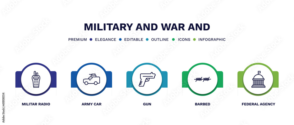 set of military and war and thin line icons. military and war outline icons with infographic template. linear icons such as militar radio, army car, gun, barbed, federal agency vector.