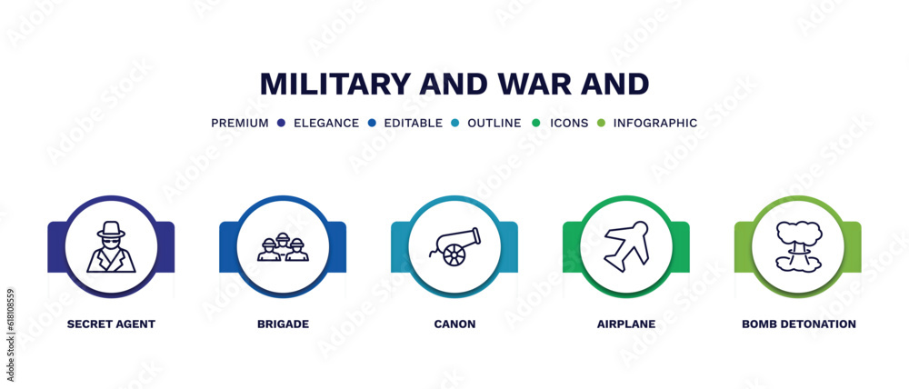 set of military and war and thin line icons. military and war outline icons with infographic template. linear icons such as secret agent, brigade, canon, airplane, bomb detonation vector. set of military and war and thin line icons. military and war outline icons with infographic template. linear icons such as secret agent, brigade, canon, airplane, bomb detonation vector.