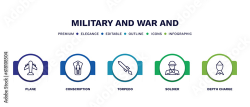 set of military and war and thin line icons. military and war outline icons with infographic template. linear icons such as plane, conscription, torpedo, soldier, depth charge vector.
