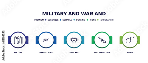 set of military and war and thin line icons. military and war outline icons with infographic template. linear icons such as pull up, barbed wire, knuckle, automatic gun, bomb vector.