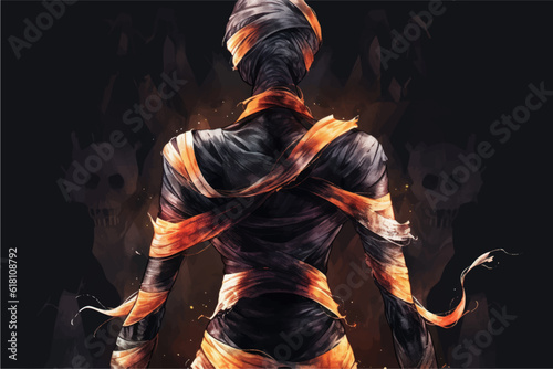 Halloween banner with tradition symbols. Mummy illustration.