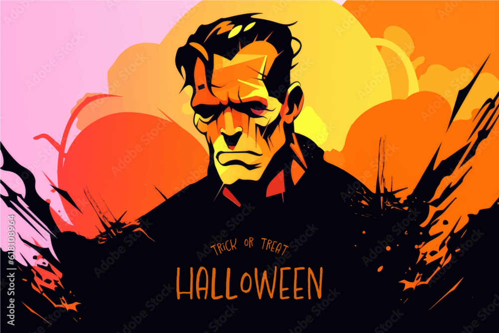 Halloween banner with tradition symbols. Frankenstein illustration.