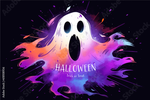 Halloween banner with tradition symbols. Ghost illustration.