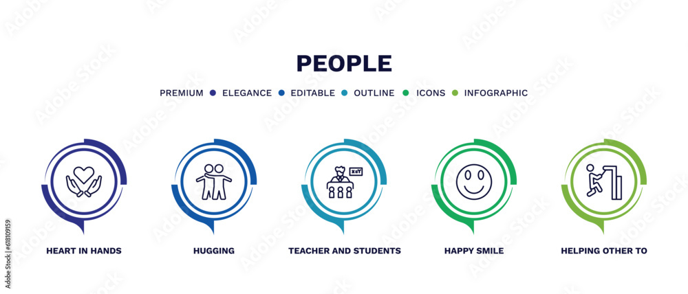Naklejka premium set of people thin line icons. people outline icons with infographic template. linear icons such as heart in hands, hugging, teacher and students, happy smile, helping other to jump vector.
