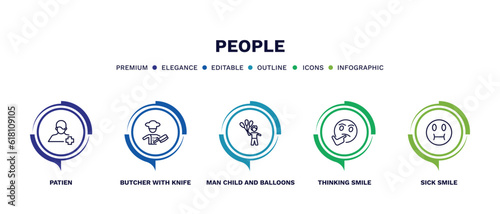 set of people thin line icons. people outline icons with infographic template. linear icons such as patien, butcher with knife, man child and balloons, thinking smile, sick smile vector.