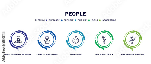 set of people thin line icons. people outline icons with infographic template. linear icons such as photographer working, architech working, baby smile, give a piggy back ride, firefighter working