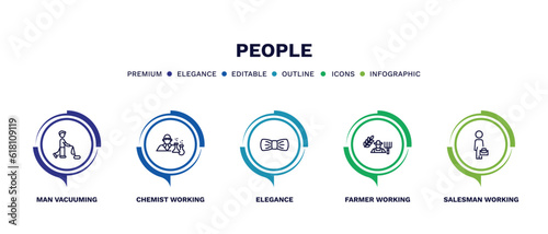 set of people thin line icons. people outline icons with infographic template. linear icons such as man vacuuming, chemist working, elegance, farmer working, salesman working vector.