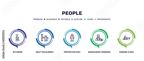 set of people thin line icons. people outline icons with infographic template. linear icons such as sit down, help the elderly, protective suit, radiologist working, feeding a dog vector.
