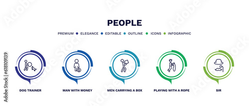 set of people thin line icons. people outline icons with infographic template. linear icons such as dog trainer, man with money, men carrying a box, playing with a rope, sir vector.