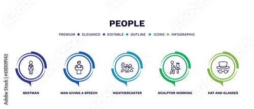 set of people thin line icons. people outline icons with infographic template. linear icons such as bestman, man giving a speech, weathercaster, sculptor working, hat and glasses vector.