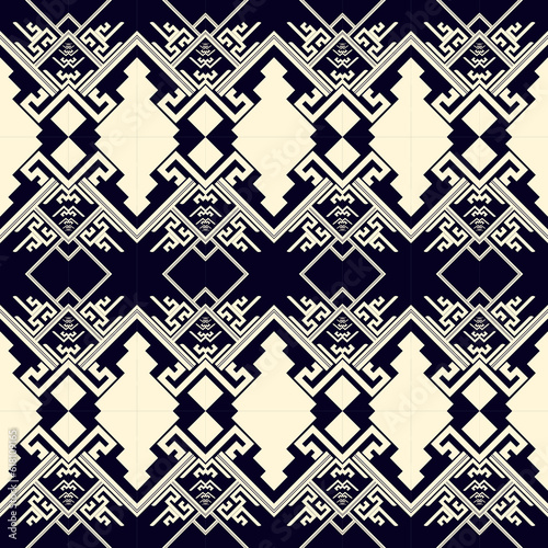 Ethnic motifs mimic natural weaving.