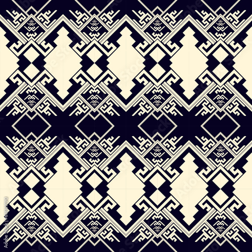 Ethnic motifs mimic natural weaving.