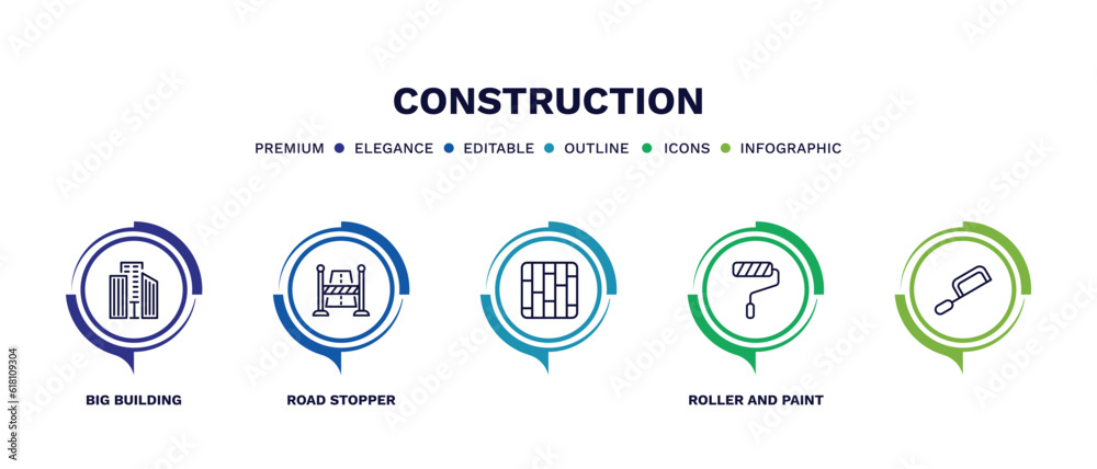 set of construction thin line icons. construction outline icons with infographic template. linear icons such as big building, road stopper, , roller and paint, set of construction thin line icons. construction outline icons with infographic template. linear icons such as big building, road stopper, , roller and paint,