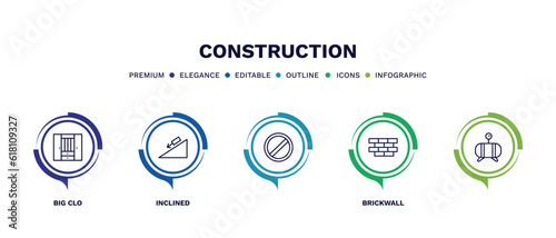 set of construction thin line icons. construction outline icons with infographic template. linear icons such as big clo, inclined, , brickwall,