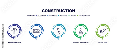 set of construction thin line icons. construction outline icons with infographic template. linear icons such as inclined picker, , derrick with load, wood saw