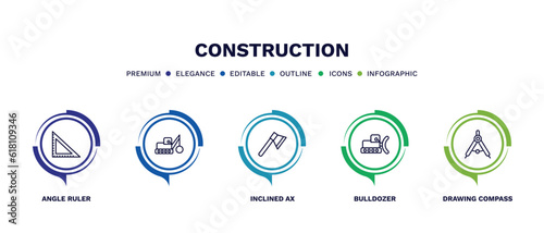 set of construction thin line icons. construction outline icons with infographic template. linear icons such as angle ruler, , inclined ax, bulldozer, drawing compass vector.