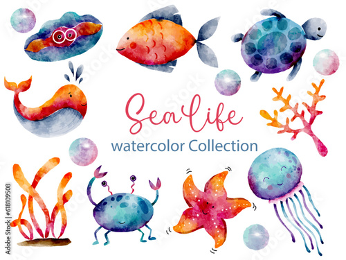 Sea Life Animals Watercolor Vector Isolated Elements Set