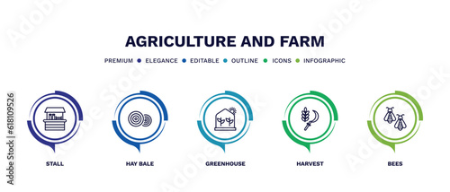 set of agriculture and farm thin line icons. agriculture and farm outline icons with infographic template. linear icons such as stall, hay bale, greenhouse, harvest, bees vector.
