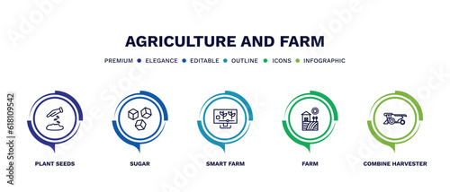 set of agriculture and farm thin line icons. agriculture and farm outline icons with infographic template. linear icons such as plant seeds, sugar, smart farm, combine harvester vector.