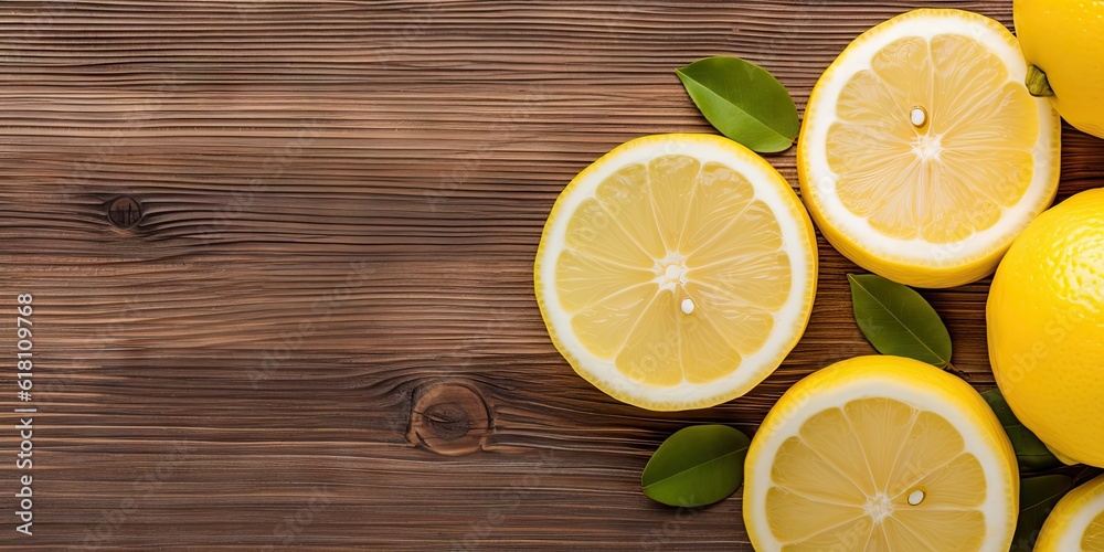 Citrus refreshment. Closeup of top view of fresh fruit and lemon slice on a wooden table with copy space Citrus refreshment. Closeup of top view of fresh fruit and lemon slice on a wooden table with copy space