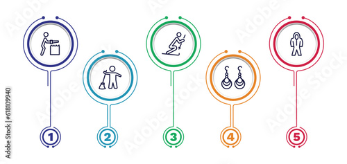 set of people thin line icons. people outline icons with infographic template. linear icons such as carpenter working, ski stick man, protective suit, sweeper working, earings vector.