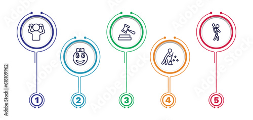 set of people thin line icons. people outline icons with infographic template. linear icons such as pulling hair, judge with hammer, give a piggy back ride, girl smile, sweeping person vector.