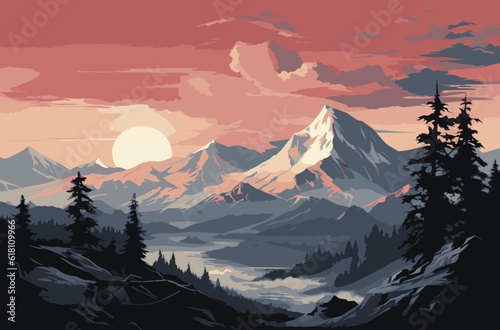 Hand drawn flat design mountain landscape vector with the moon. Backgrounds landscapes of mountains, hill and the moon. vector illustrations