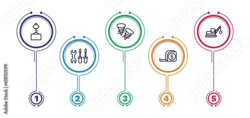 set of construction thin line icons. construction outline icons with infographic template. linear icons such as derrick with pallet, two screws, derrick with ball, three tools, five meters ruler
