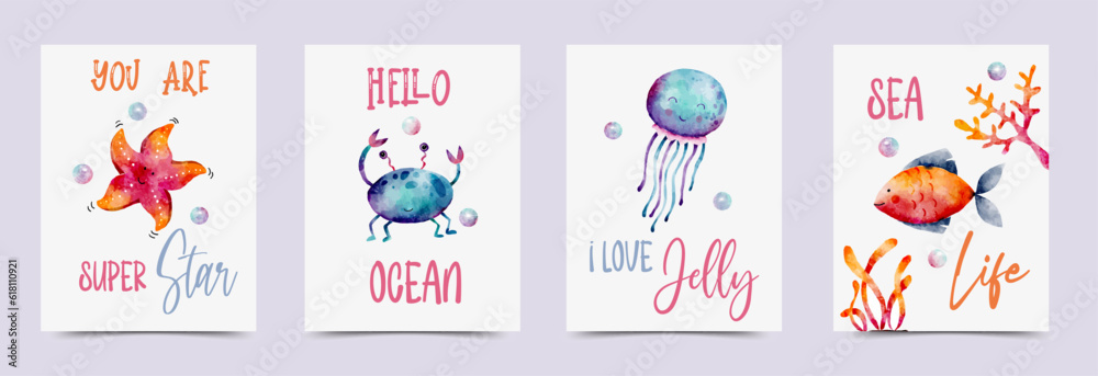 Cute Watercolor Vector Sea Animals Cards Set