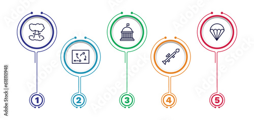 set of military and war and thin line icons. military and war outline icons with infographic template. linear icons such as bomb detonation, federal agency, parachute, strategy, launcher vector.