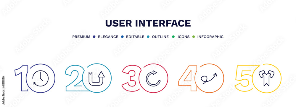 set of user interface thin line icons. user interface outline icons with infographic template. linear icons such as circular arrow clock, semicircular up arrow, update arrow, swirly bifurcation