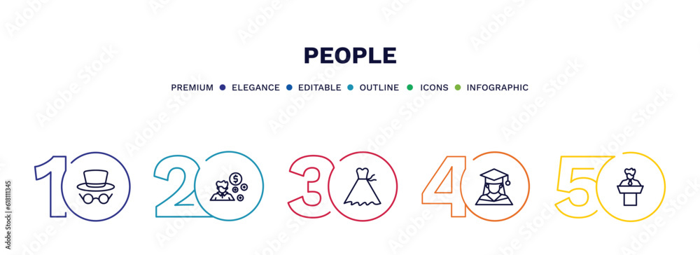 Fototapeta premium set of people thin line icons. people outline icons with infographic template. linear icons such as hat and glasses, book keeper, bridesmaids, graduating woman, leader speech vector.