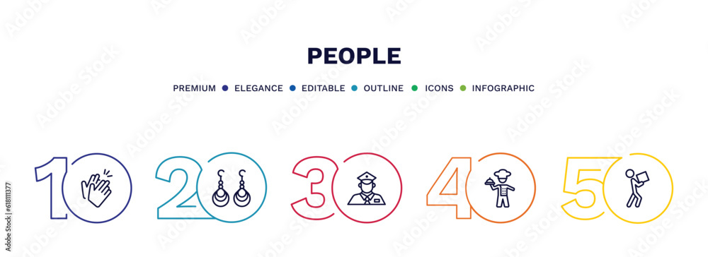 set of people thin line icons. people outline icons with infographic template. linear icons such as partners claping hands, earings, policeman working, cooker with tray, men carrying a box vector.