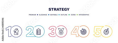 set of strategy thin line icons. strategy outline icons with infographic template. linear icons such as house, list, medal, goal, resource vector.