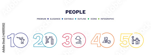 set of people thin line icons. people outline icons with infographic template. linear icons such as man with big key, helping other to jump, sir, perfect worker, help the elderly vector.