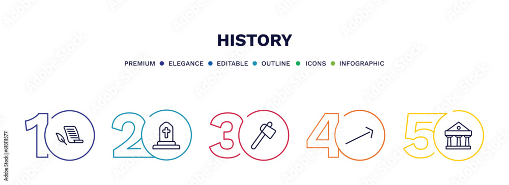 set of history thin line icons. history outline icons with infographic template. linear icons such as paper, tomb, ancient weapon, arrow, pantheon vector.