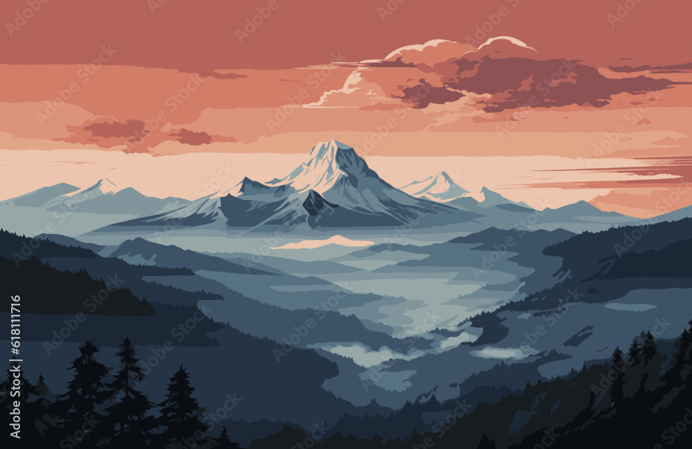 Vector blue mountains landscape with sunset, landscape mountains and dark trees illustration.