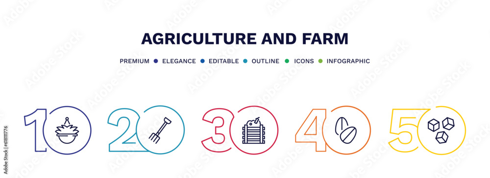 set of agriculture and farm thin line icons. agriculture and farm outline icons with infographic template. linear icons such as hanging pot, pitchfork, composter, oat, sugar vector. set of agriculture and farm thin line icons. agriculture and farm outline icons with infographic template. linear icons such as hanging pot, pitchfork, composter, oat, sugar vector.