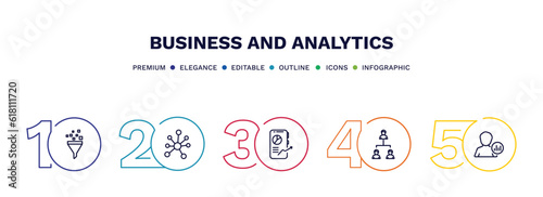 set of business and analytics thin line icons. business and analytics outline icons with infographic template. linear icons such as funneling data, connected data, mobile stock data, hierarchy, user