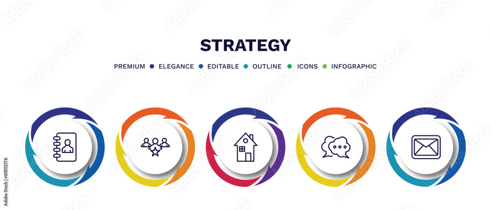 set of strategy thin line icons. strategy outline icons with infographic template. linear icons such as phonebook, leader, house, speech, email vector. set of strategy thin line icons. strategy outline icons with infographic template. linear icons such as phonebook, leader, house, speech, email vector.