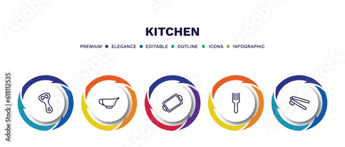 set of kitchen thin line icons. kitchen outline icons with infographic template. linear icons such as bottle opener, saucer, tray, fork, garlic press vector.