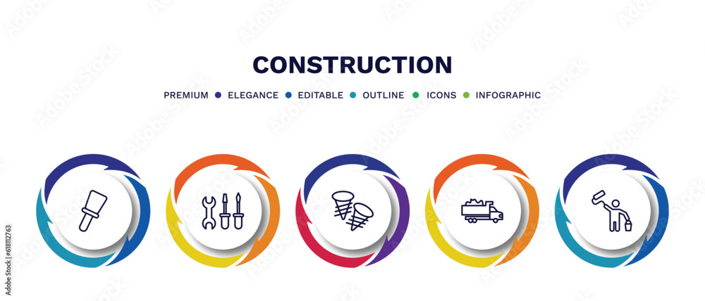 set of construction thin line icons. construction outline icons with infographic template. linear icons such as construction palette, three tools, two screws, , man painting vector. set of construction thin line icons. construction outline icons with infographic template. linear icons such as construction palette, three tools, two screws, , man painting vector.