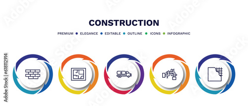 set of construction thin line icons. construction outline icons with infographic template. linear icons such as brickwall, house plan, fuel truck, adjustment system, vector.
